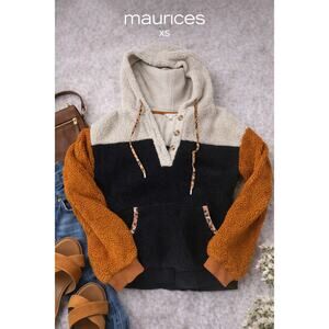 Maurices Womens XS Colorblock Sherpa Hoodie Brown Tan Black